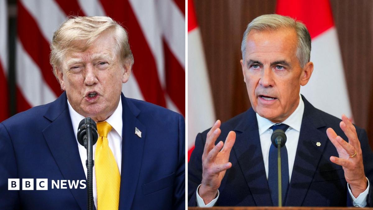 A split image with Donald Trump on the left, standing in front of American flags and wearing a yellow tie and blue suit. On the right is Mark Carney, standing in front of Canadian flags and wearing a blue tie and navy suit
